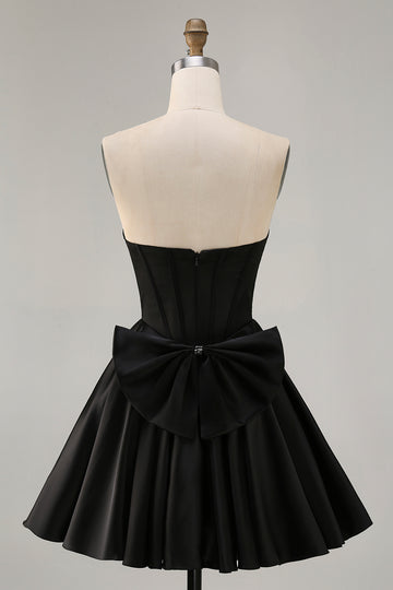 Black A-Line Strapless Beaded Short Homecoming Dress with Bow